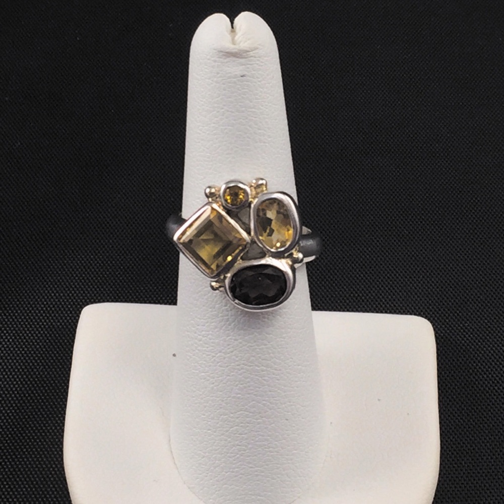 Boho, earthy citrine/smoky topaz ring, 925 silver